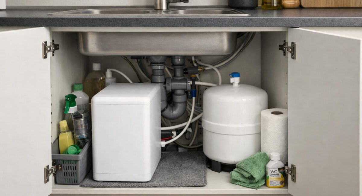 Umkehrosmoseanlage zum Trinkwasser filtern im Haushalt, schematische Darstellung der Membranfiltration zur Reduktion gelöster Stoffe im Leitungswasser