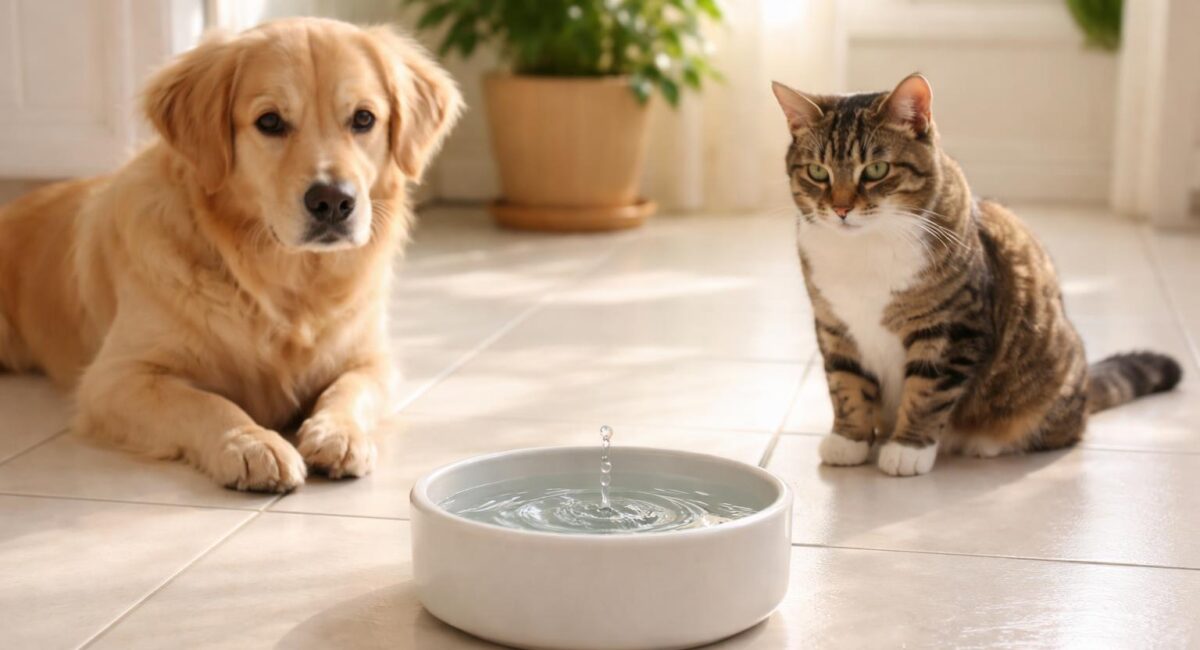 Trinkwasser für Haustiere: Was wirklich im Napf landet - Hund und Katze vor Trinkschüssel