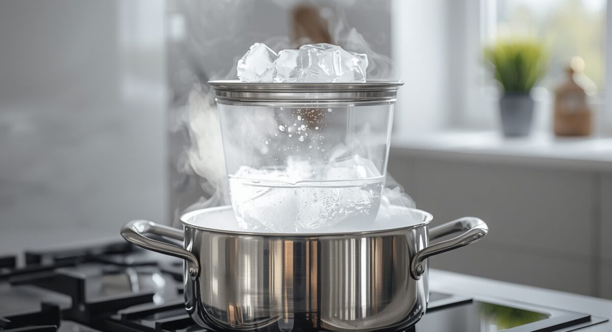Destilliertes Wasser selbst herstellen mit Topf, Glasschüssel und Eiswürfeln auf dem Deckel
