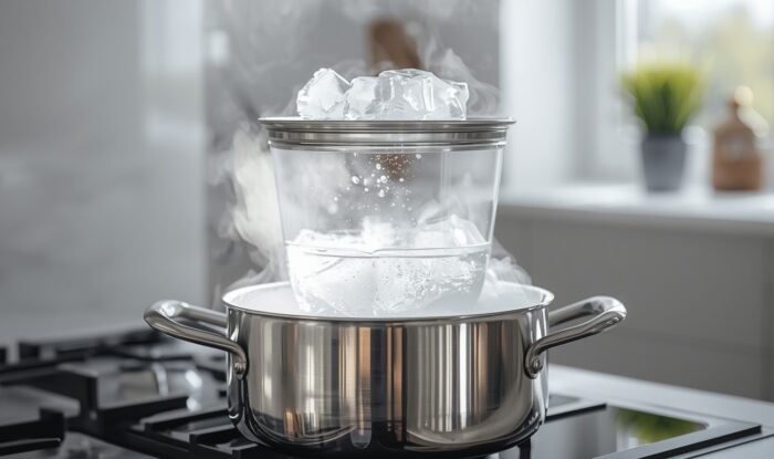 Destilliertes Wasser selbst herstellen mit Topf, Glasschüssel und Eiswürfeln auf dem Deckel